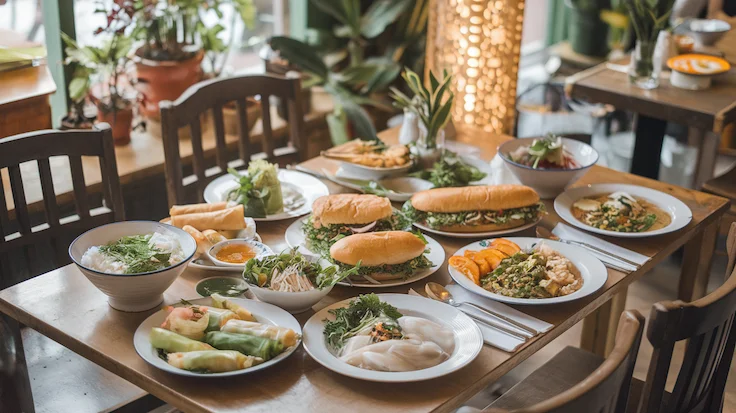 A table with a lot of plates with Vietnam dishes